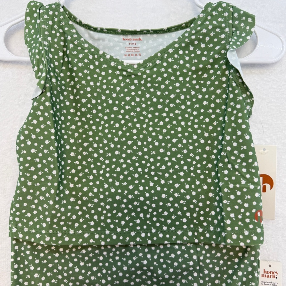 NWT Honey mark Swim Set Girls Floral Olive Green Two-Piece Swimsuit Beach Bikini - Picture 3 of 13